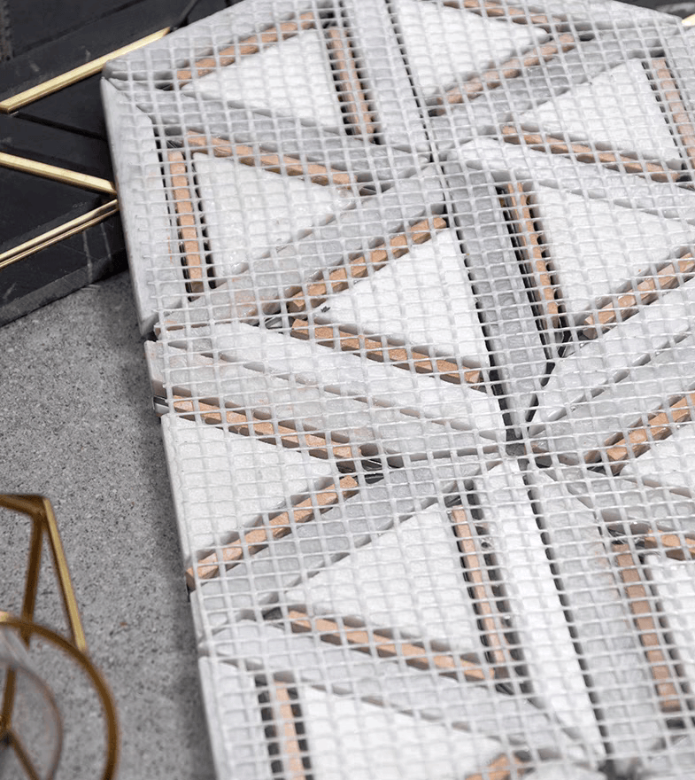 โมเสคหินอ่อน TIMELESS TILES รุ่น GRACE 35X31 ซม. สีขาวเทา ตกแต่งสเตนเลสสีทอง_6